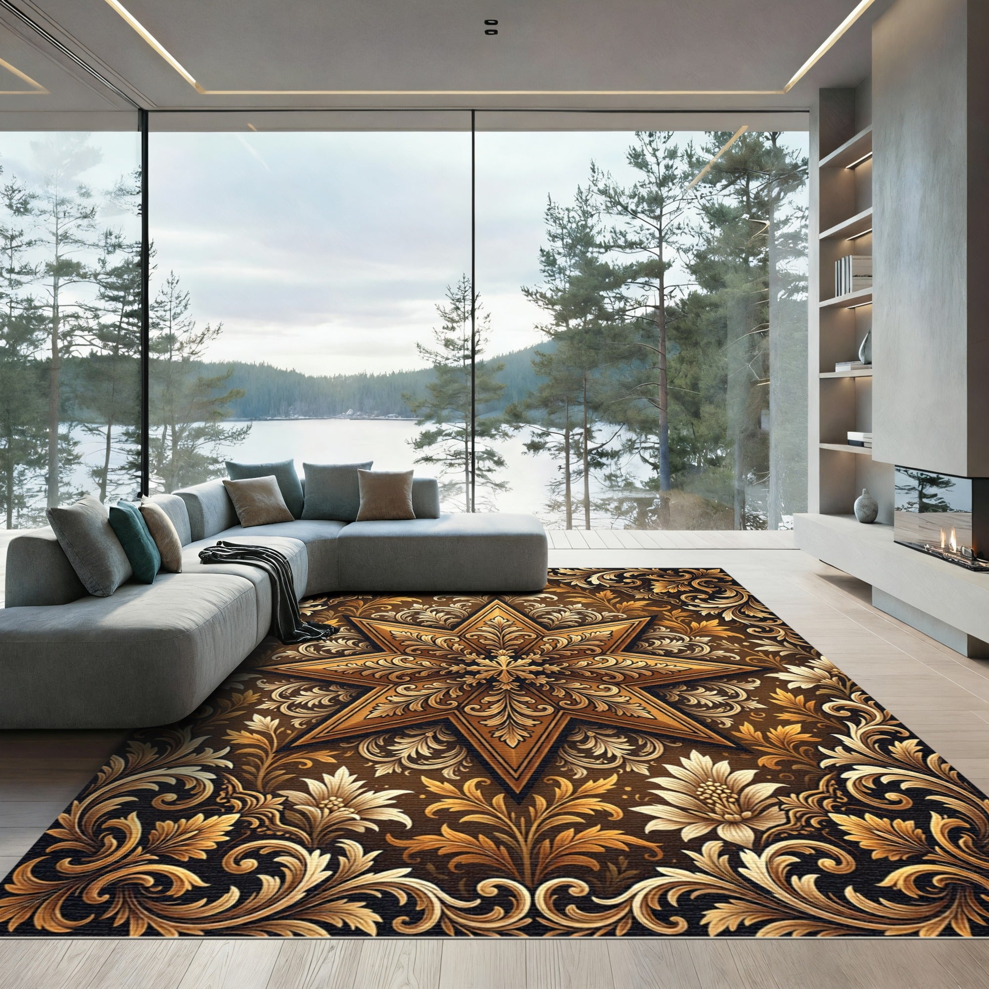 Golden Baroque Star Floral Medallion Rug