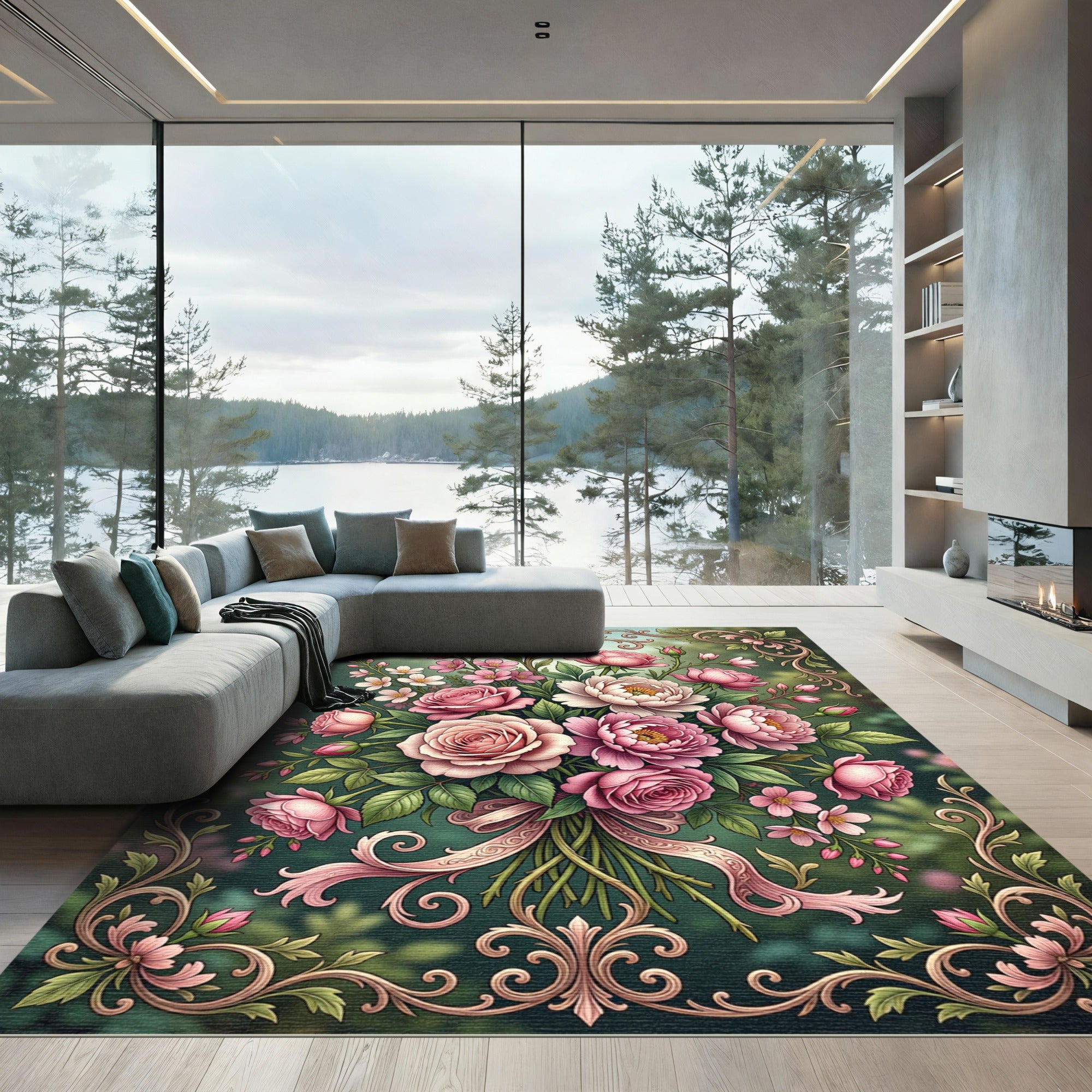 Elegant Pink Rose Floral Vintage Bouquet Rug