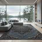 Sophisticated Gray and Gold Ornate Medallion Rug