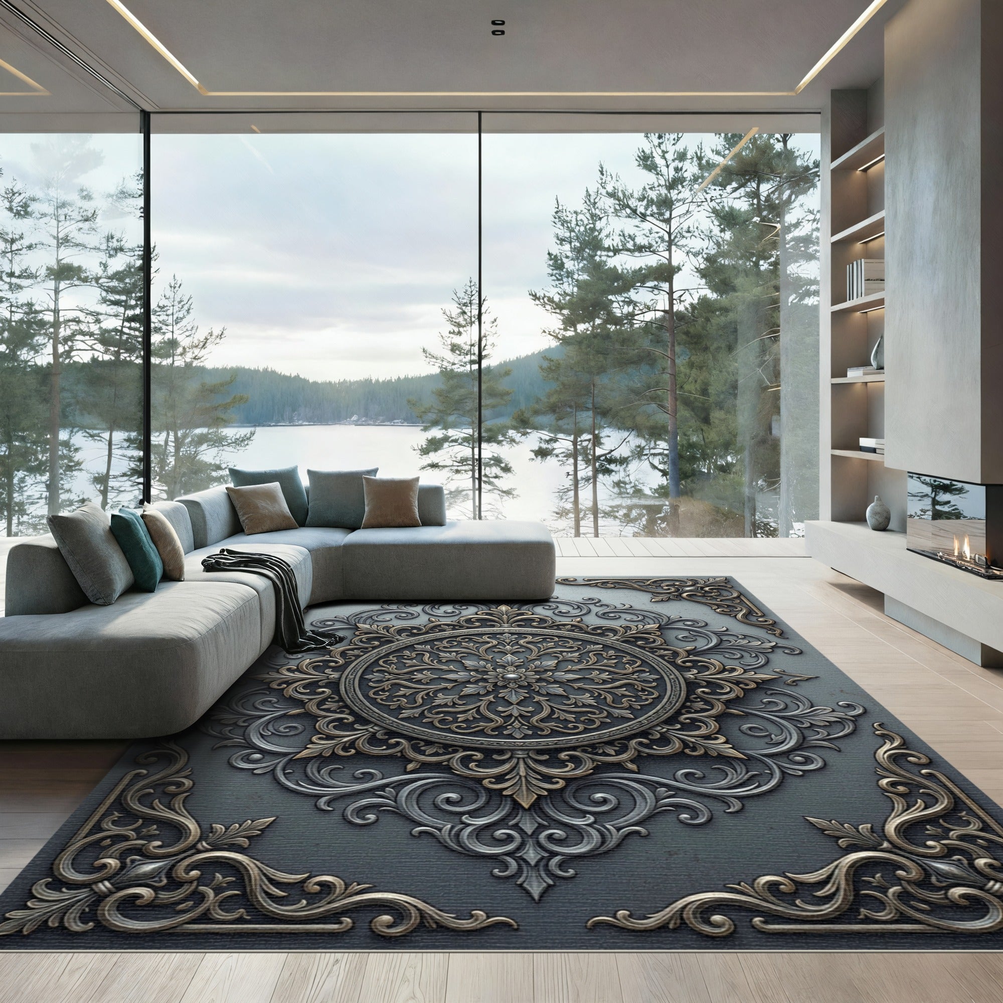 Sophisticated Gray and Gold Ornate Medallion Rug