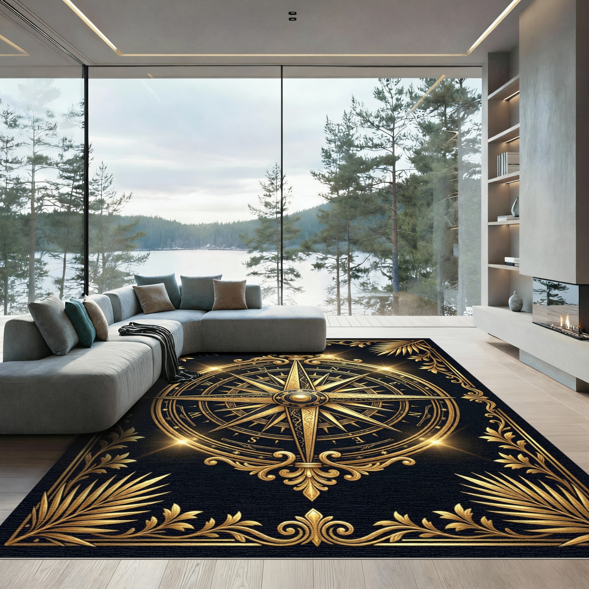 Opulent Golden Compass Nautical Medallion Rug