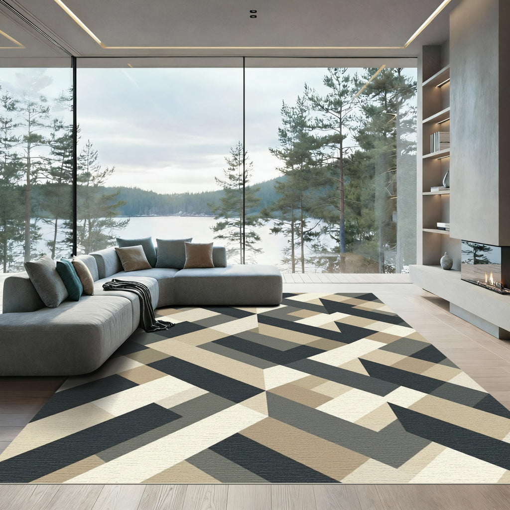 Geometric Abstract Wood Tone Interlocking Shapes Rug