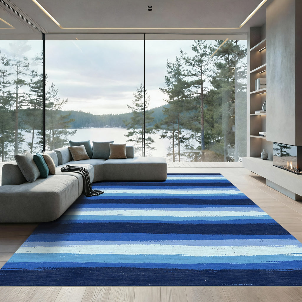 Modern Abstract Blue Painted Stripes Rug