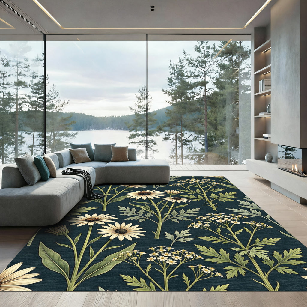 Elegant Cream Daisy Navy Botanical Rug