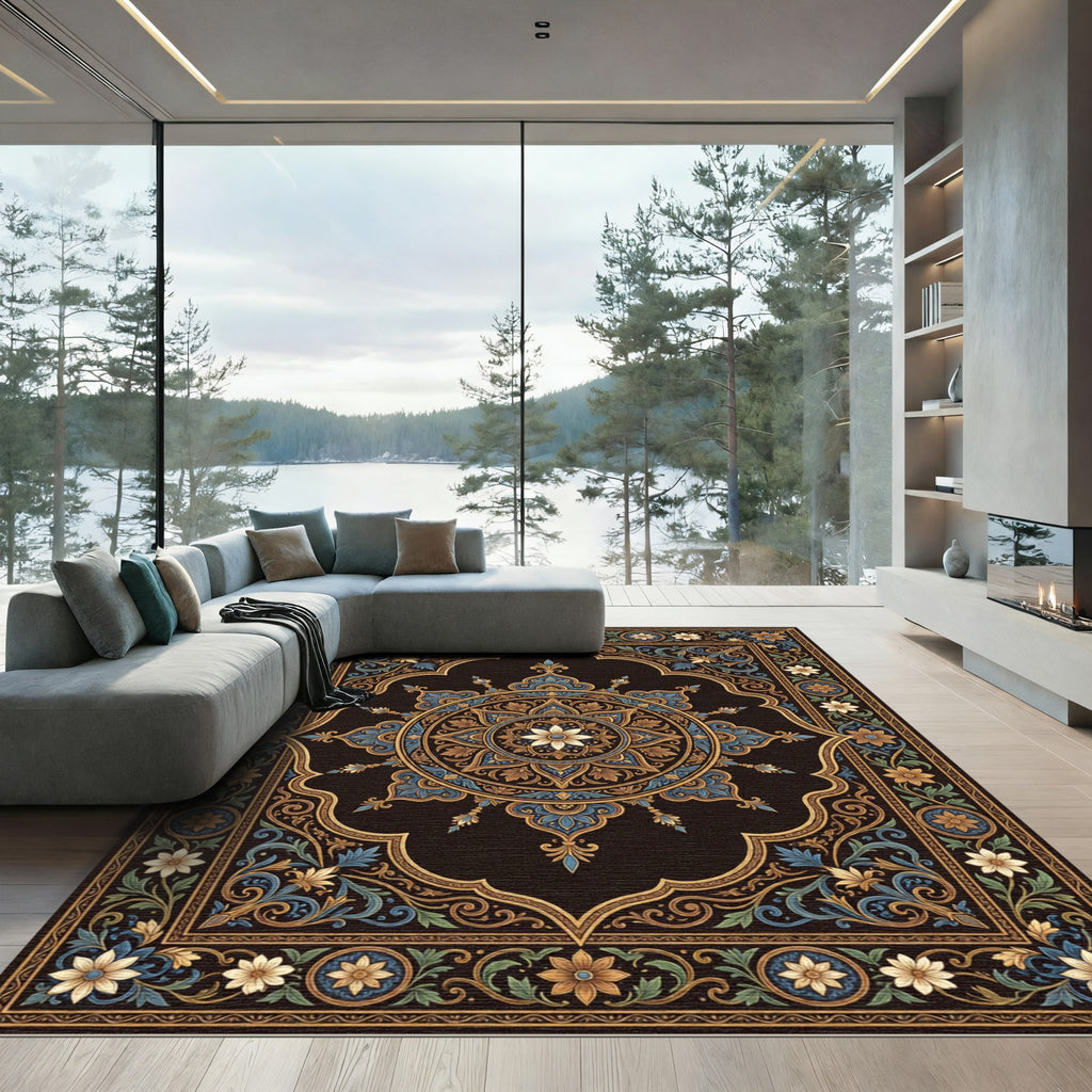 Ornate Gold Sapphire Floral Medallion Rug