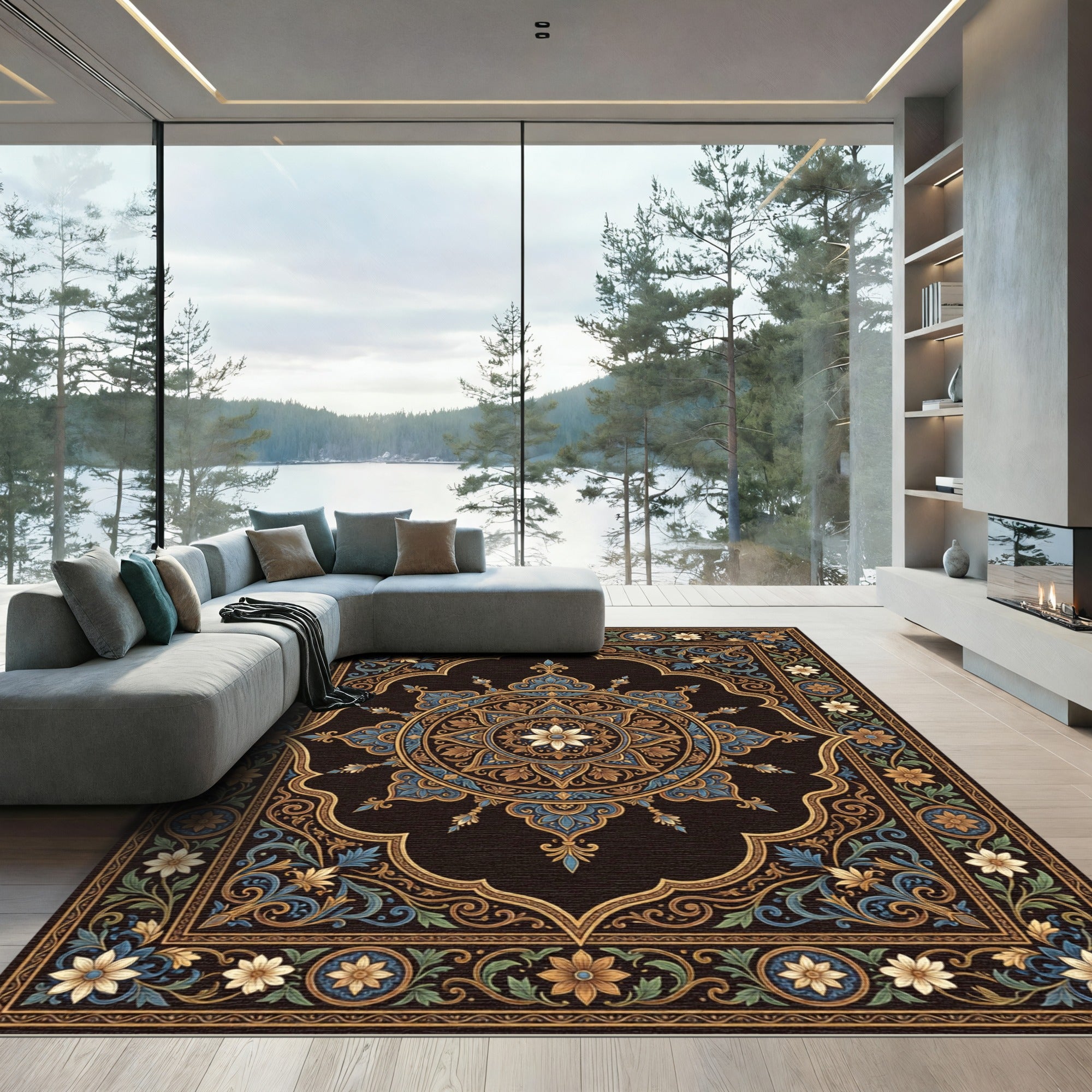 Ornate Gold Sapphire Floral Medallion Rug