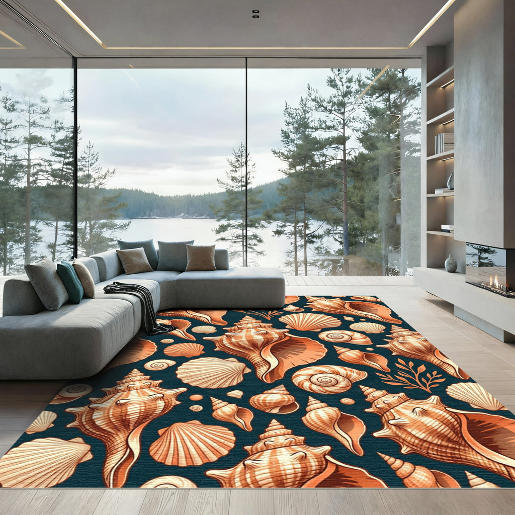 Seashell Shoreline Deep Navy Beach Artwork Rug