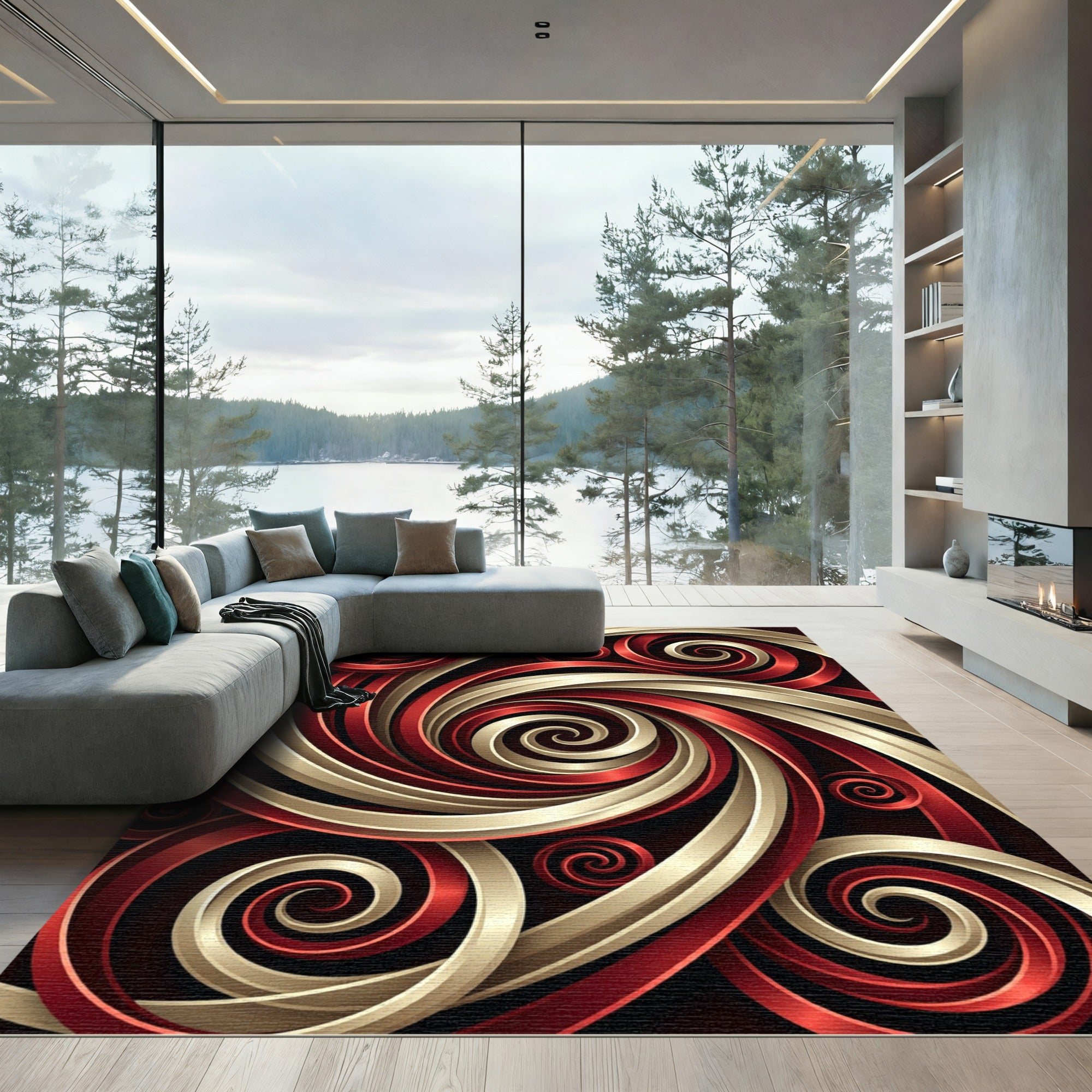 Crimson Gold Swirling Ribbons Rug