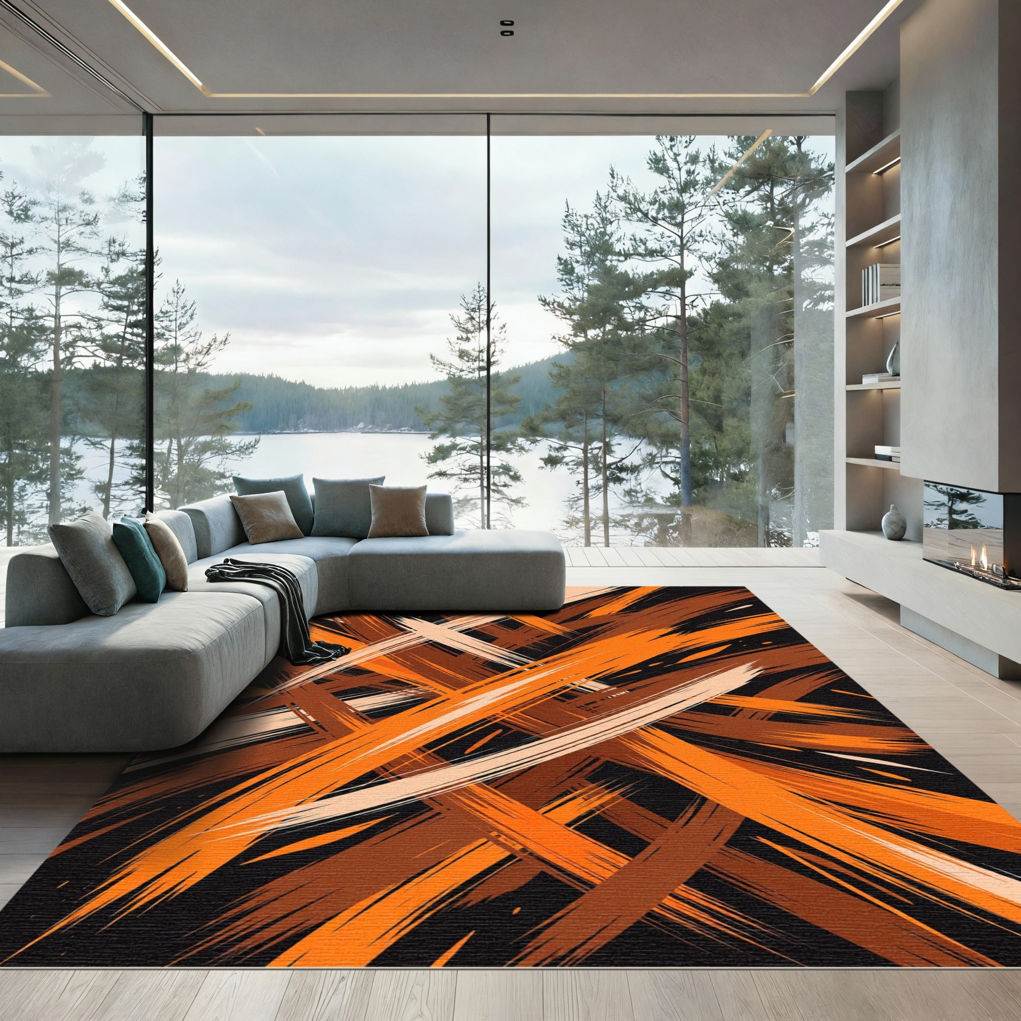 Abstract Burnt Orange Amber Diagonal Strokes Rug