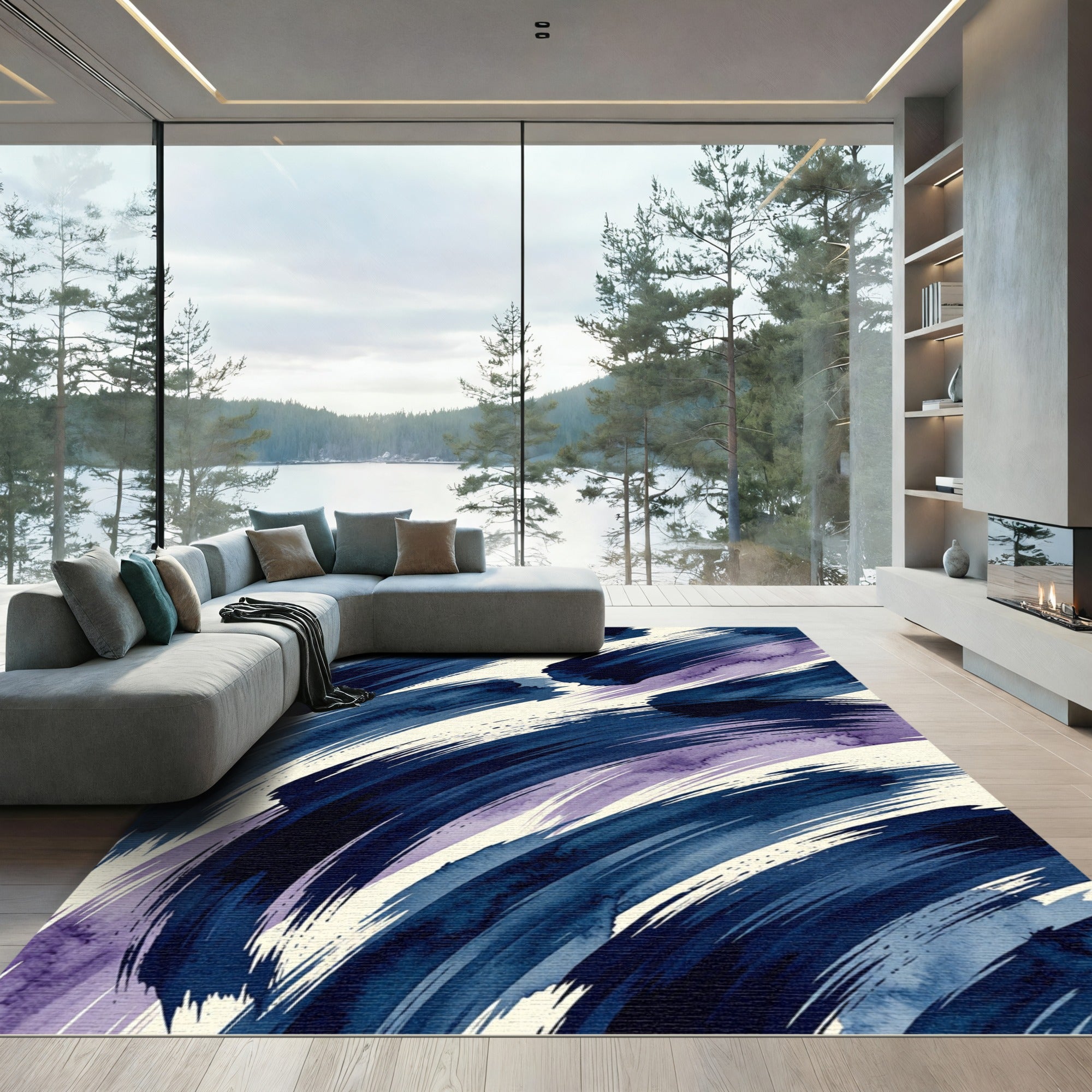 Deep Indigo Abstract Watercolor Strokes Rug