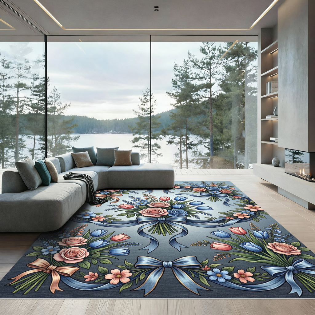 Elegant Rose and Tulip Ribbon Bouquet Rug