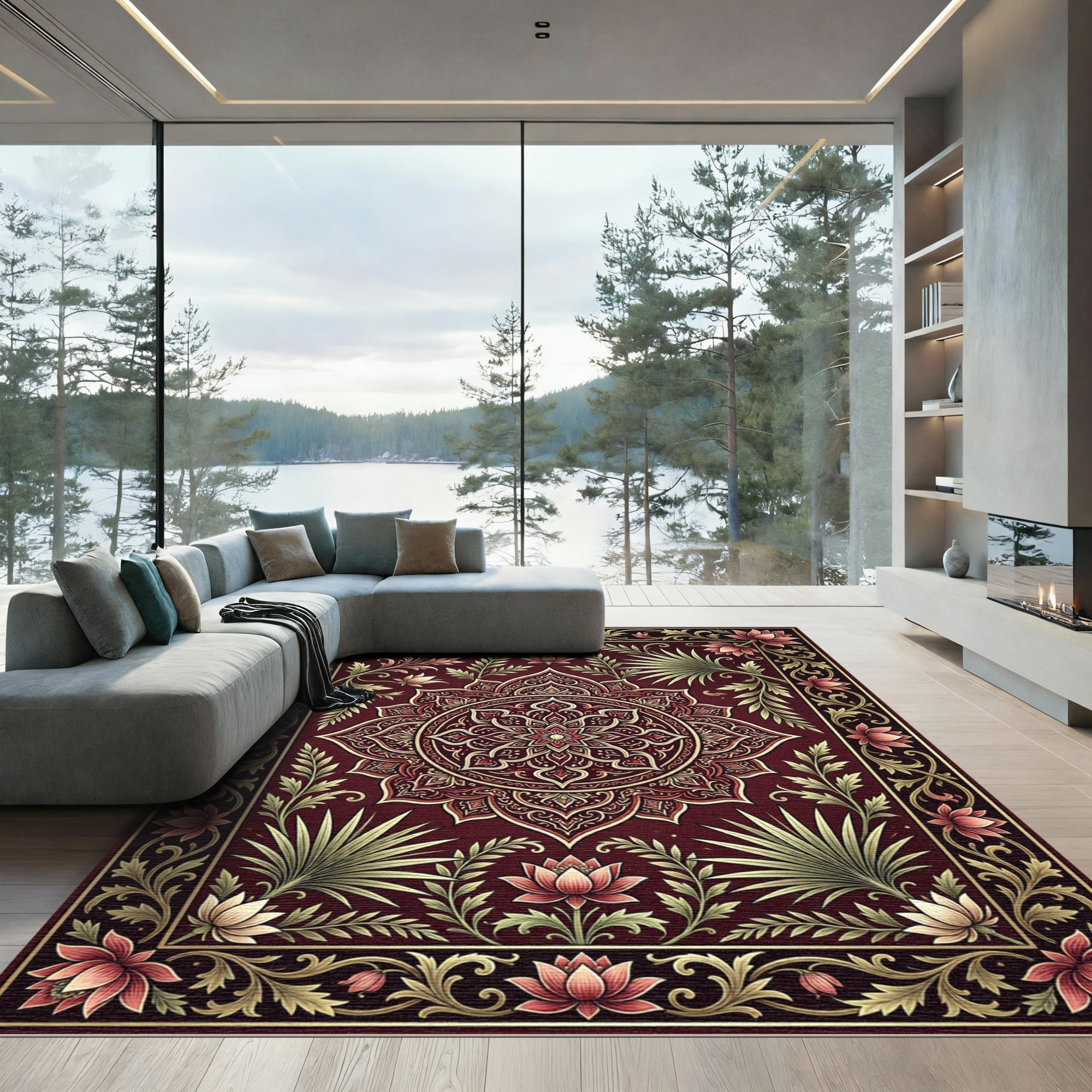 Ornate Crimson Lotus Medallion Foliage Rug