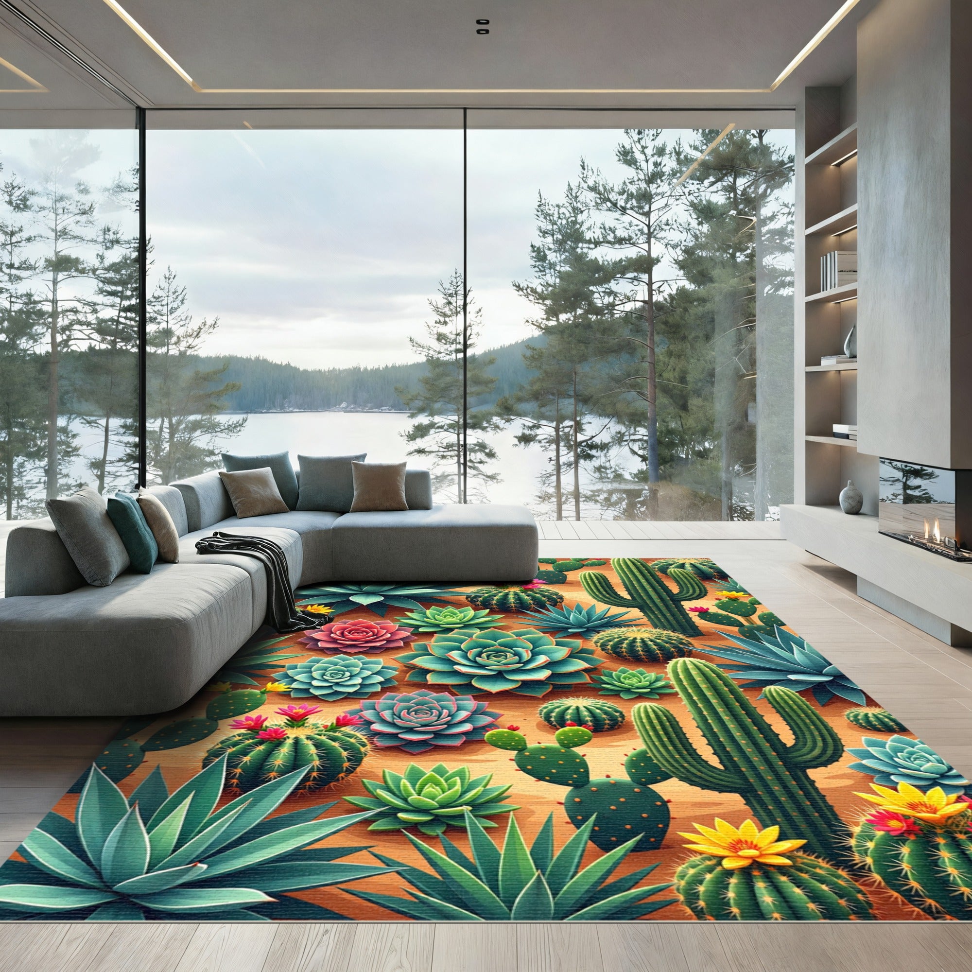 Vibrant Desert Succulent and Cacti Arrangement Rug