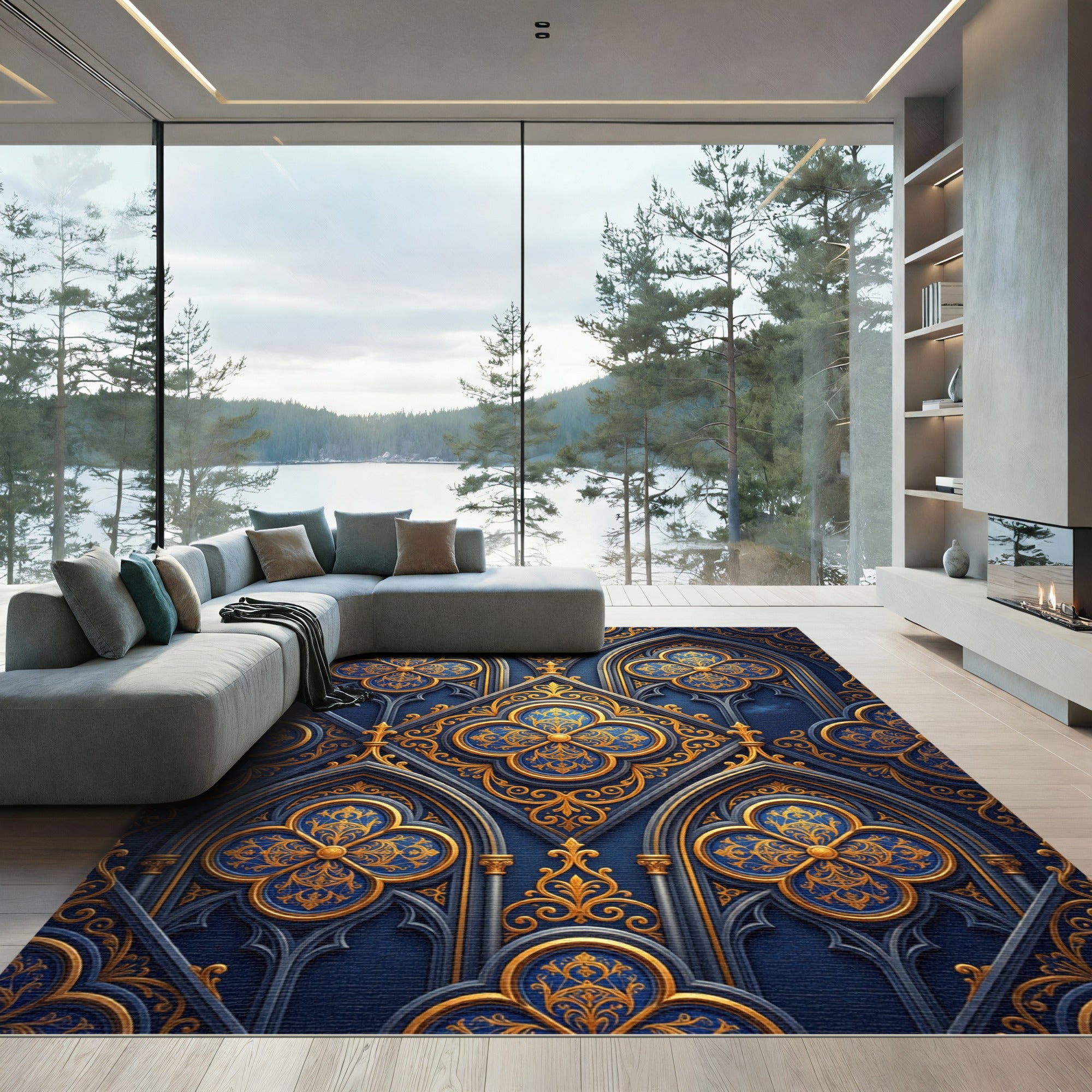 Gothic Navy Blue Gold Quatrefoil Ornate Rug