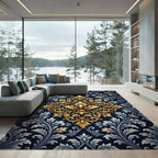Elegant Gold Filigree Navy Damask Rug