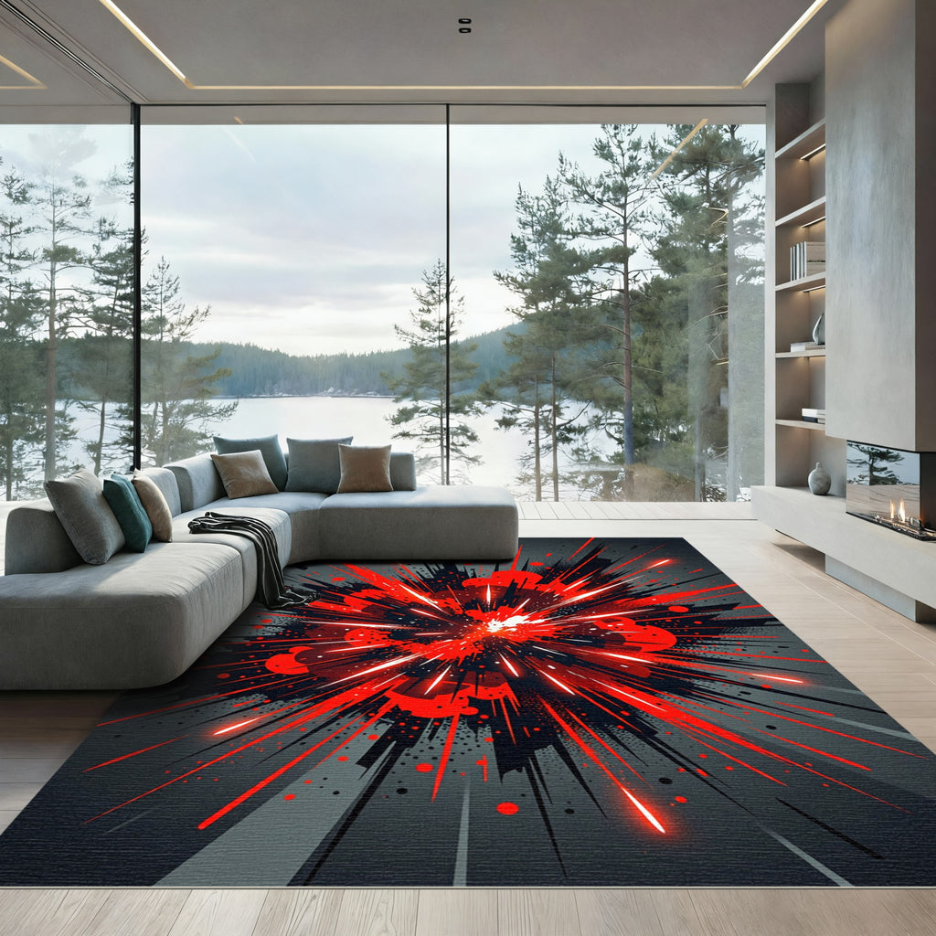 Crimson Burst Radial Splatter Rug