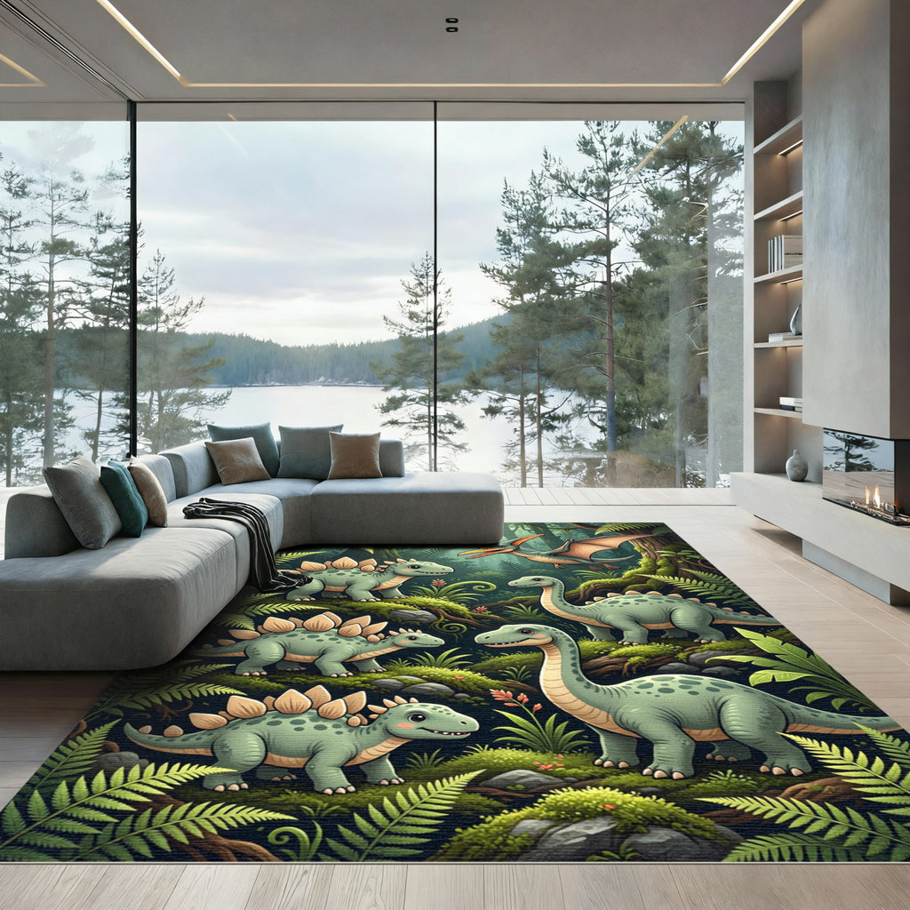 Whimsical Green Prehistoric Dinosaur Forest Rug