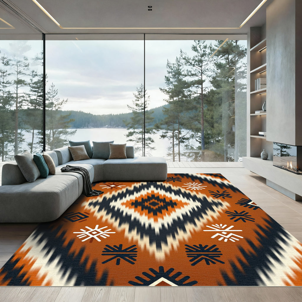 Burnt Orange Aztec Geometric Diamond Rug