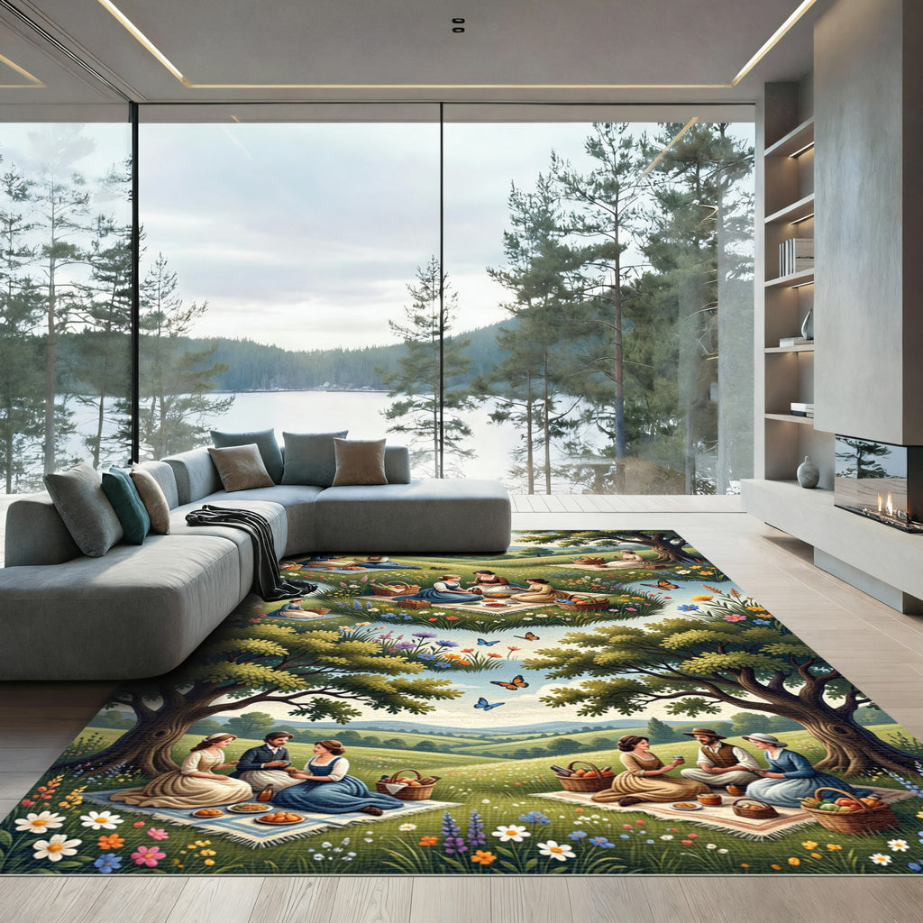 Whimsical Pastoral Meadow Picnic Landscape Rug