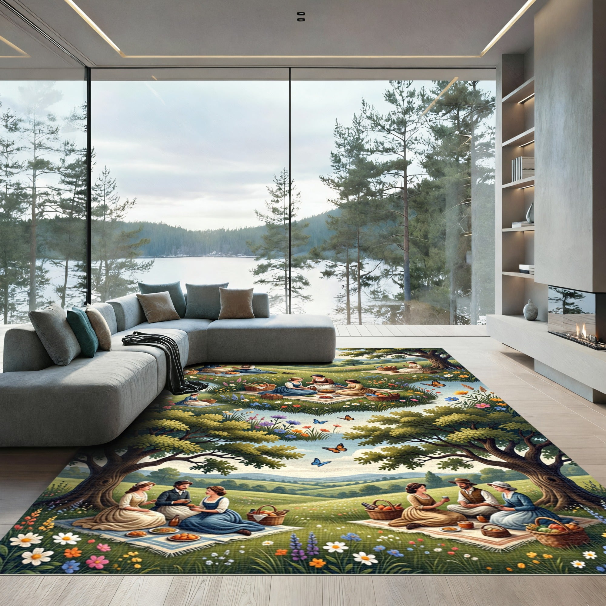 Whimsical Pastoral Meadow Picnic Landscape Rug