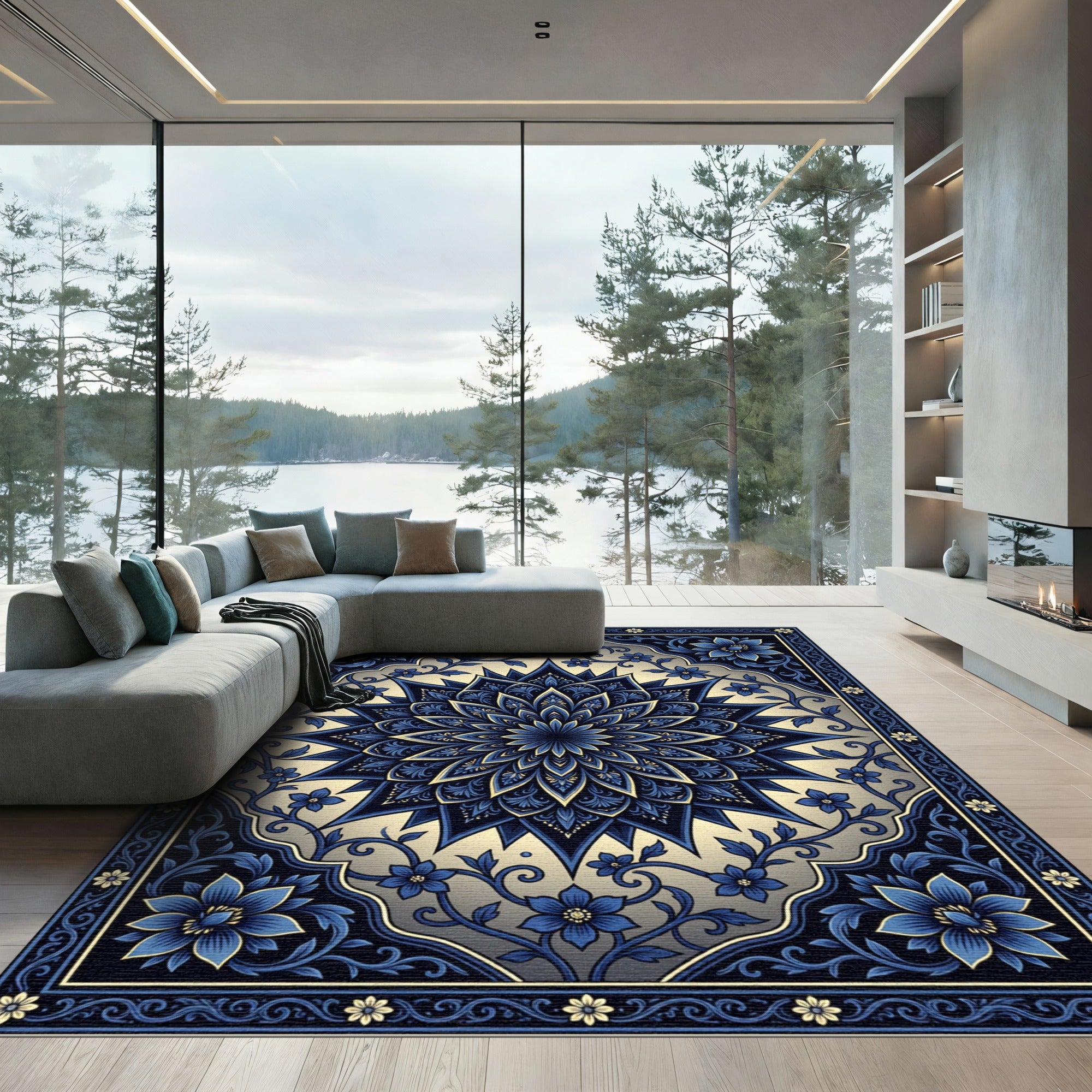 Elegant Azure Floral Medallion Border Rug