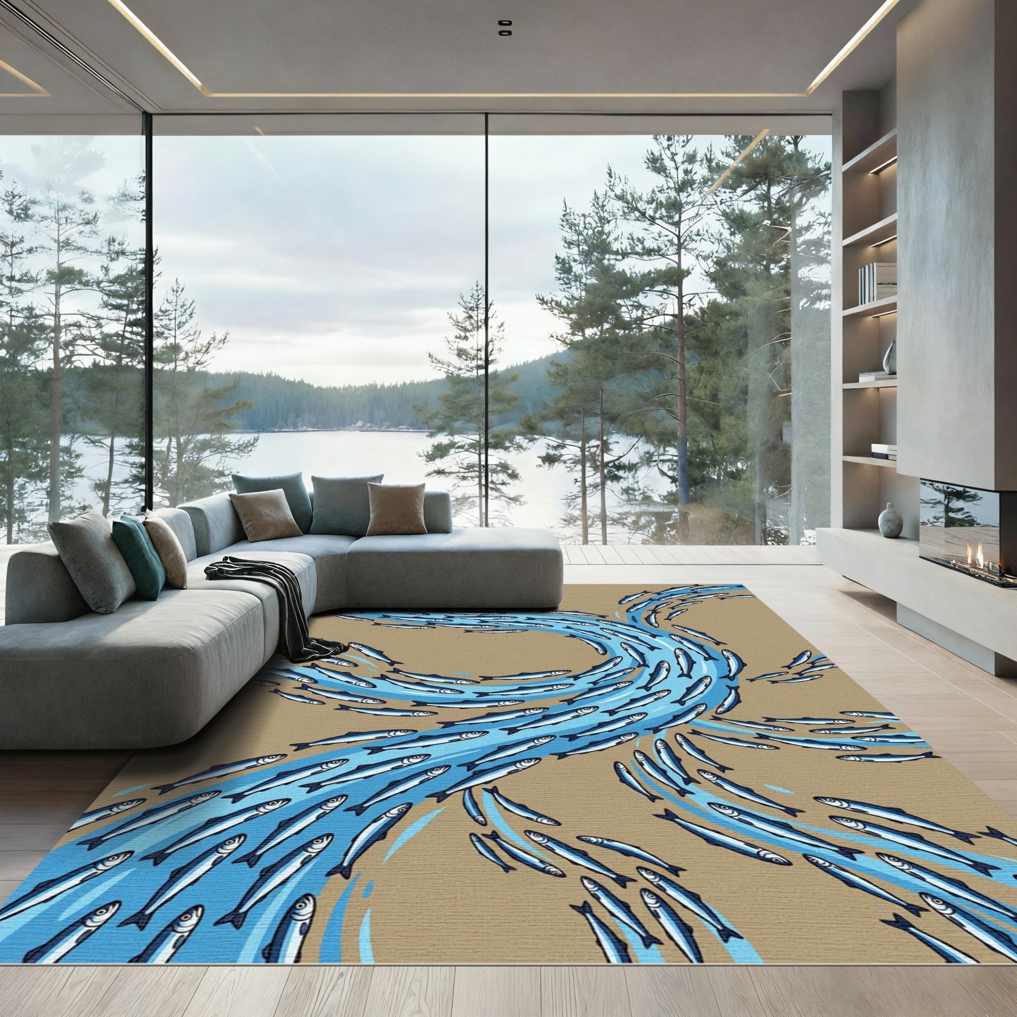 Flowing Blue Sardine School Art Rug