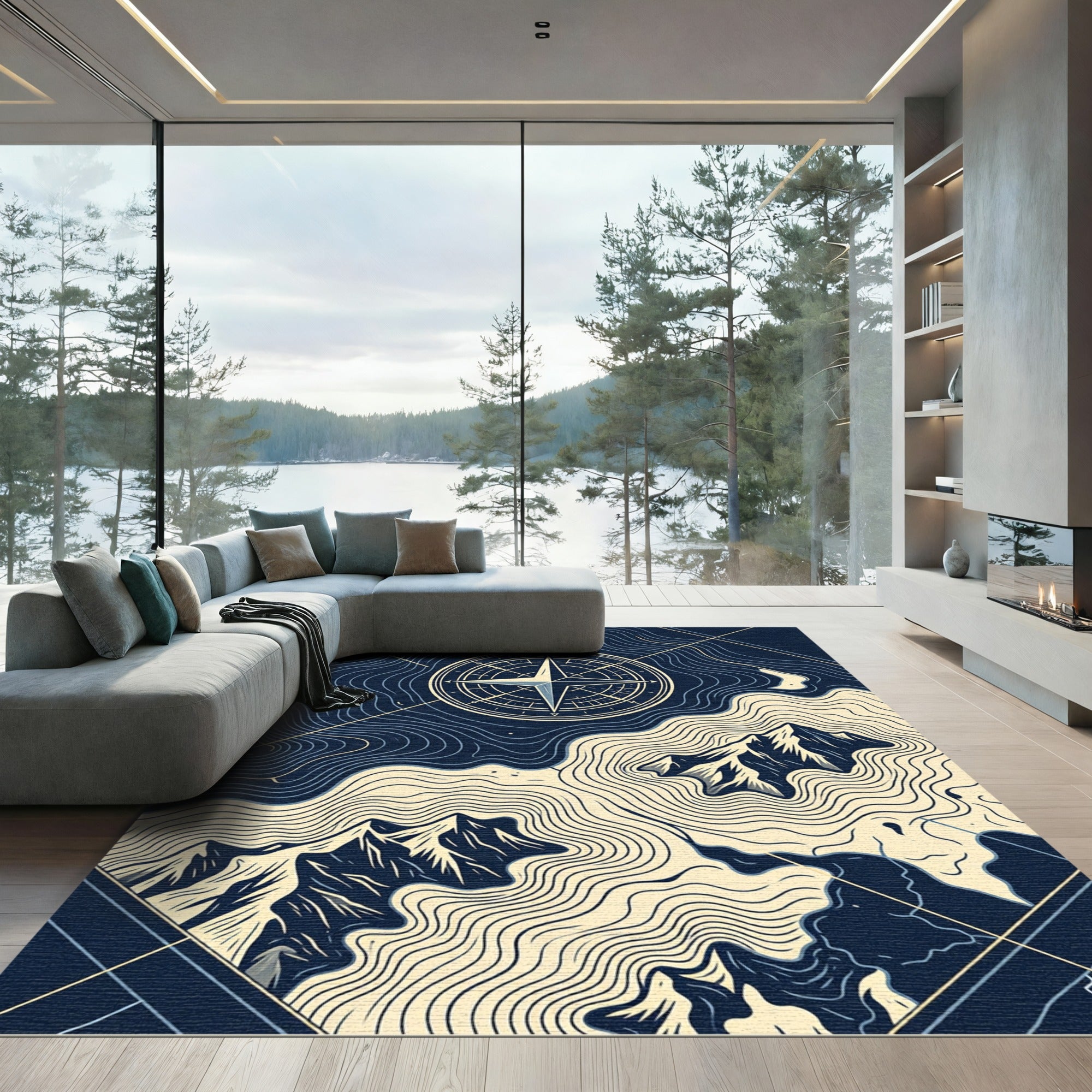 Navy Topographic Mountain Compass Art Rug