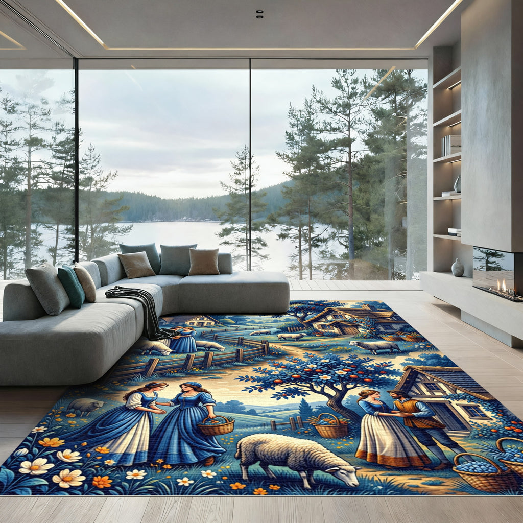 Pastoral Blue Cottage Sheep Farm Scene Rug
