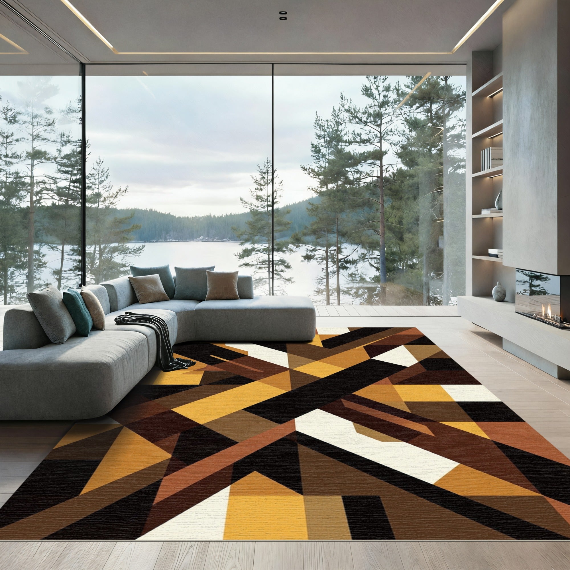 Warm Earthy Tone Geometric Lines Rug