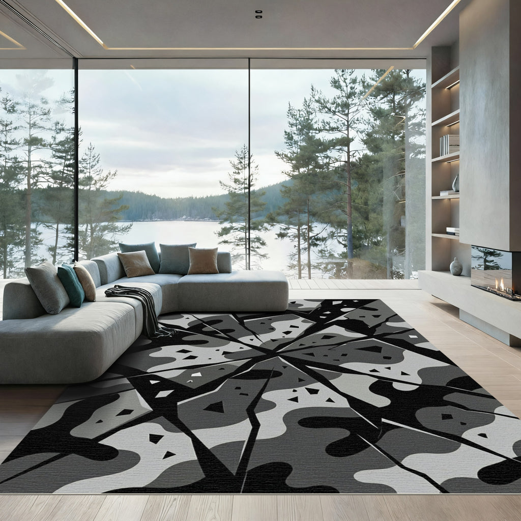 Shattered Monochrome Camouflage Fragmented Area Rug