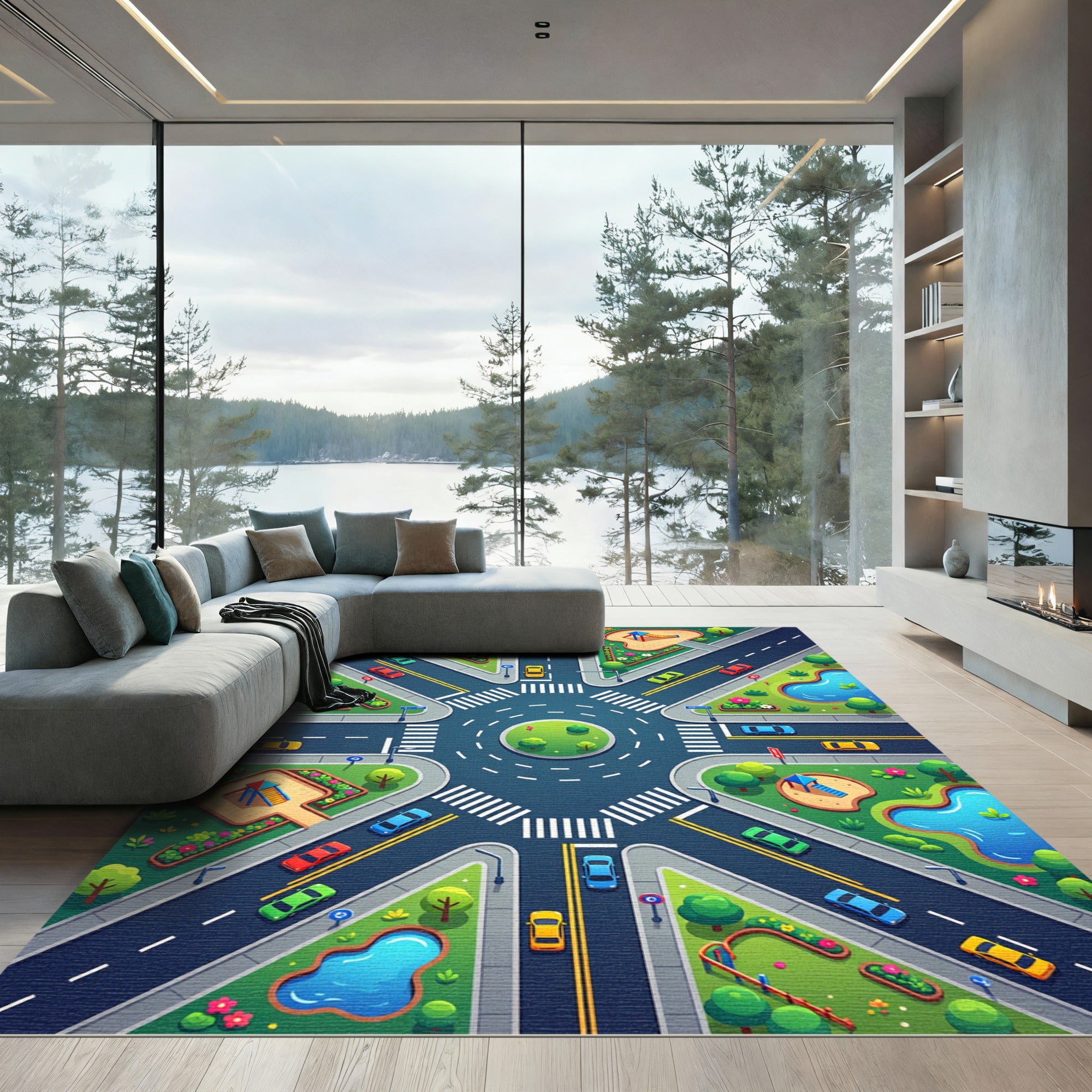 Vibrant Modern City Traffic Intersection Map Rug