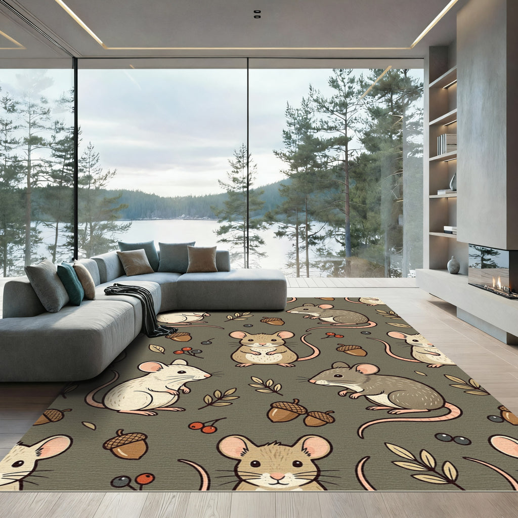 Whimsical Forest Mouse and Acorn Rug