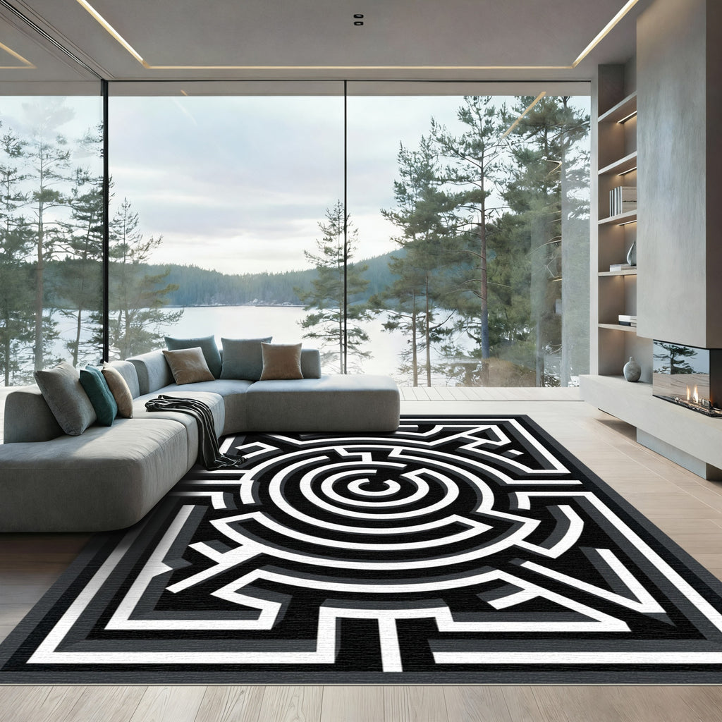 Modern Monochromatic Geometric Labyrinth Illusion Rug