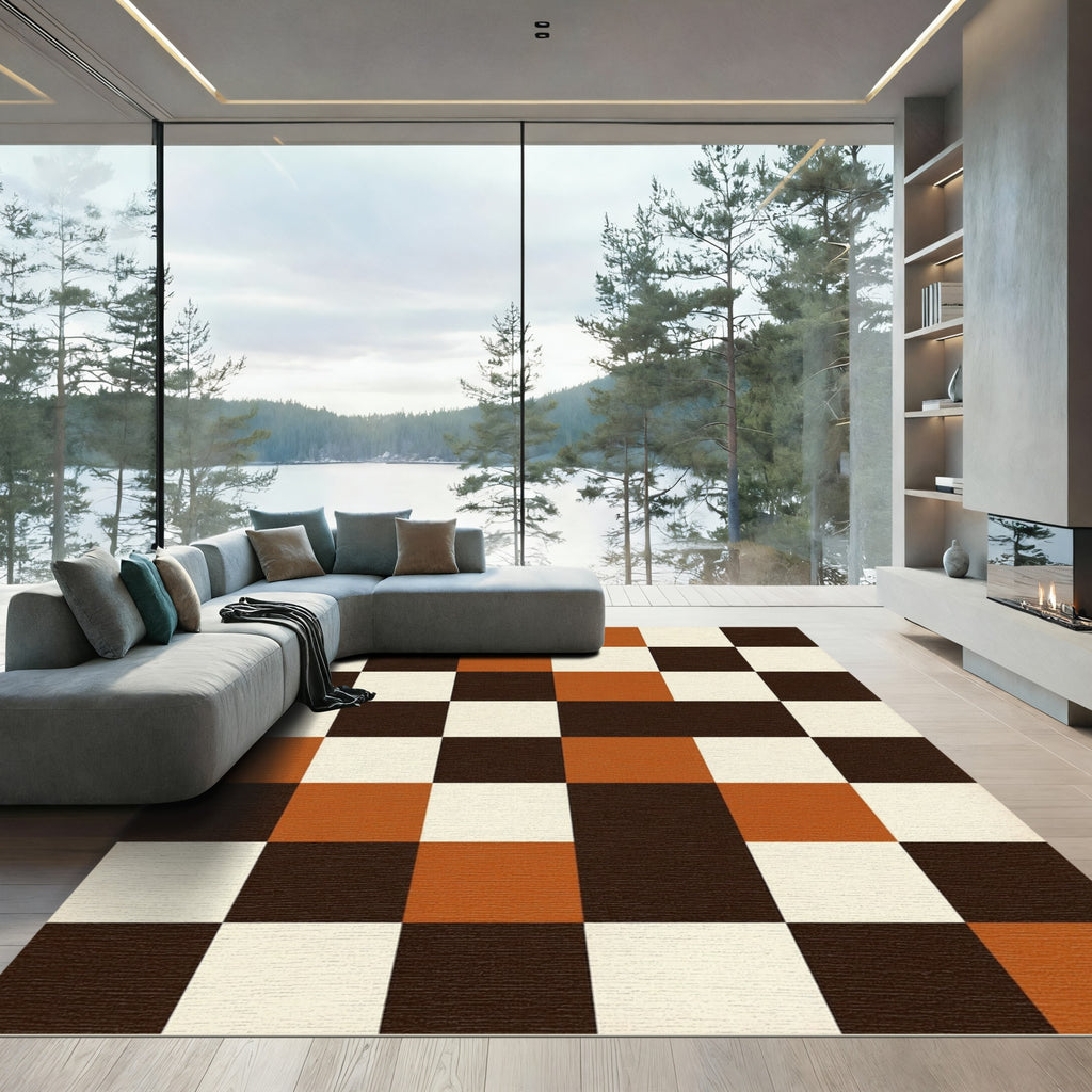 Modern Terracotta and Chocolate Checkered Tiles Rug