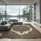 Antique Ornate Floral Medallion Charcoal Gold Rug