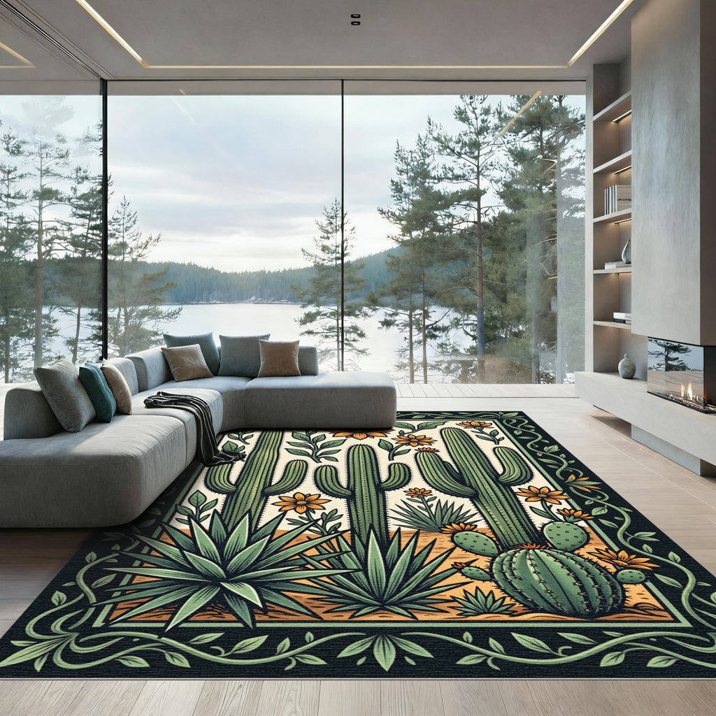 Southwestern Desert Cactus and Floral Art Rug