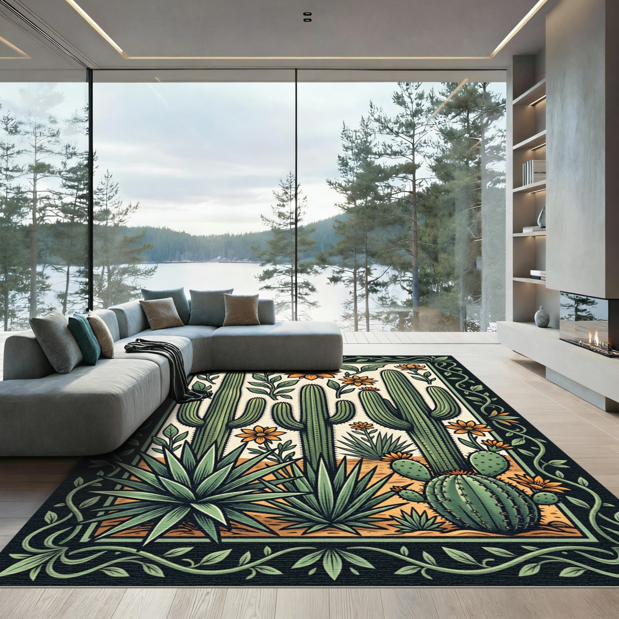 Southwestern Desert Cactus and Floral Art Rug