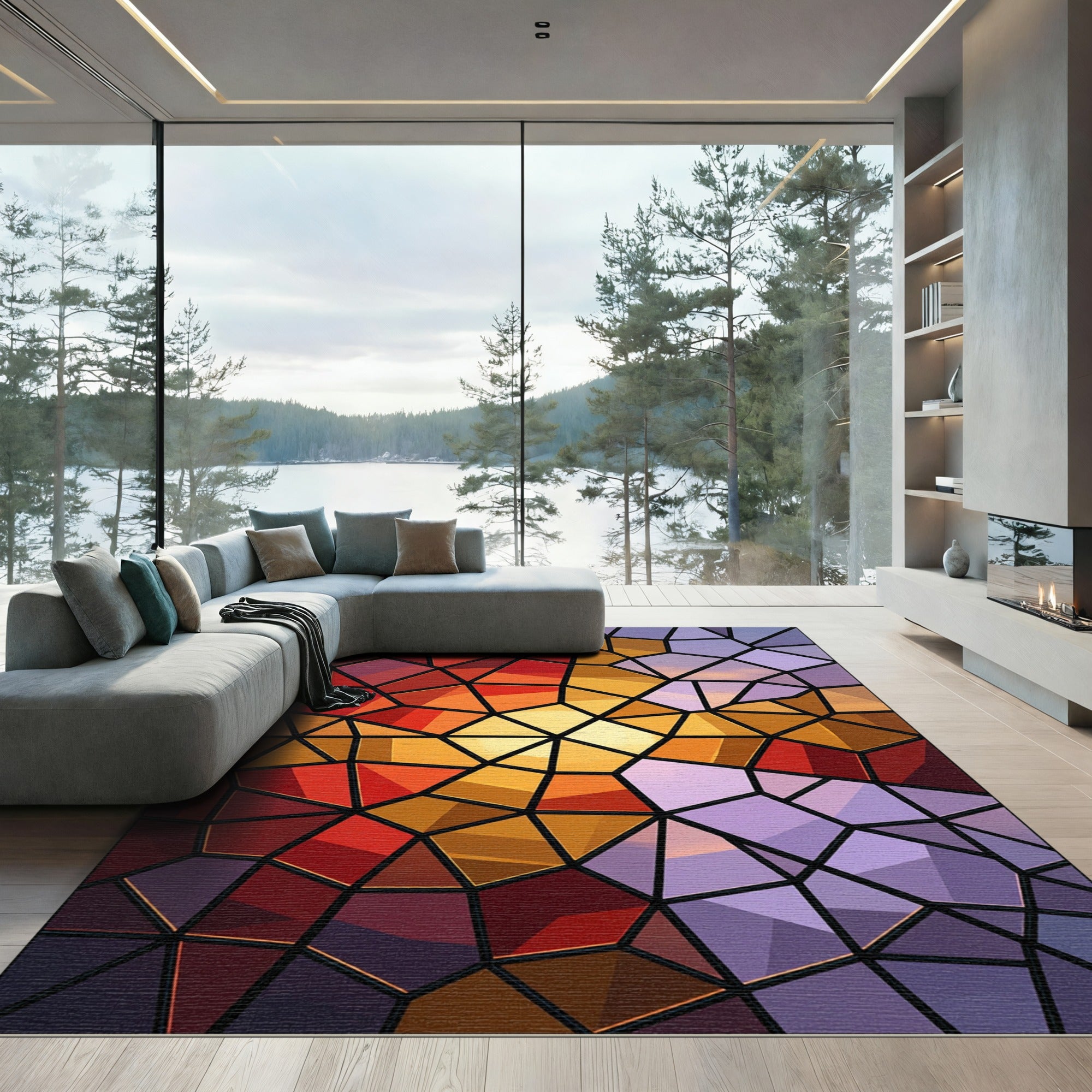 Radiant Amber Sunset Stained Glass Mosaic Rug