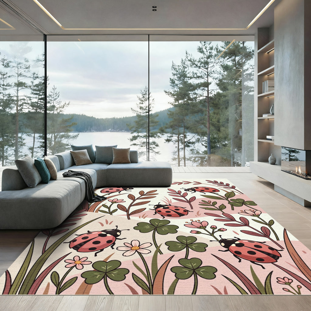Whimsical Ladybug Floral Garden Meadow Rug
