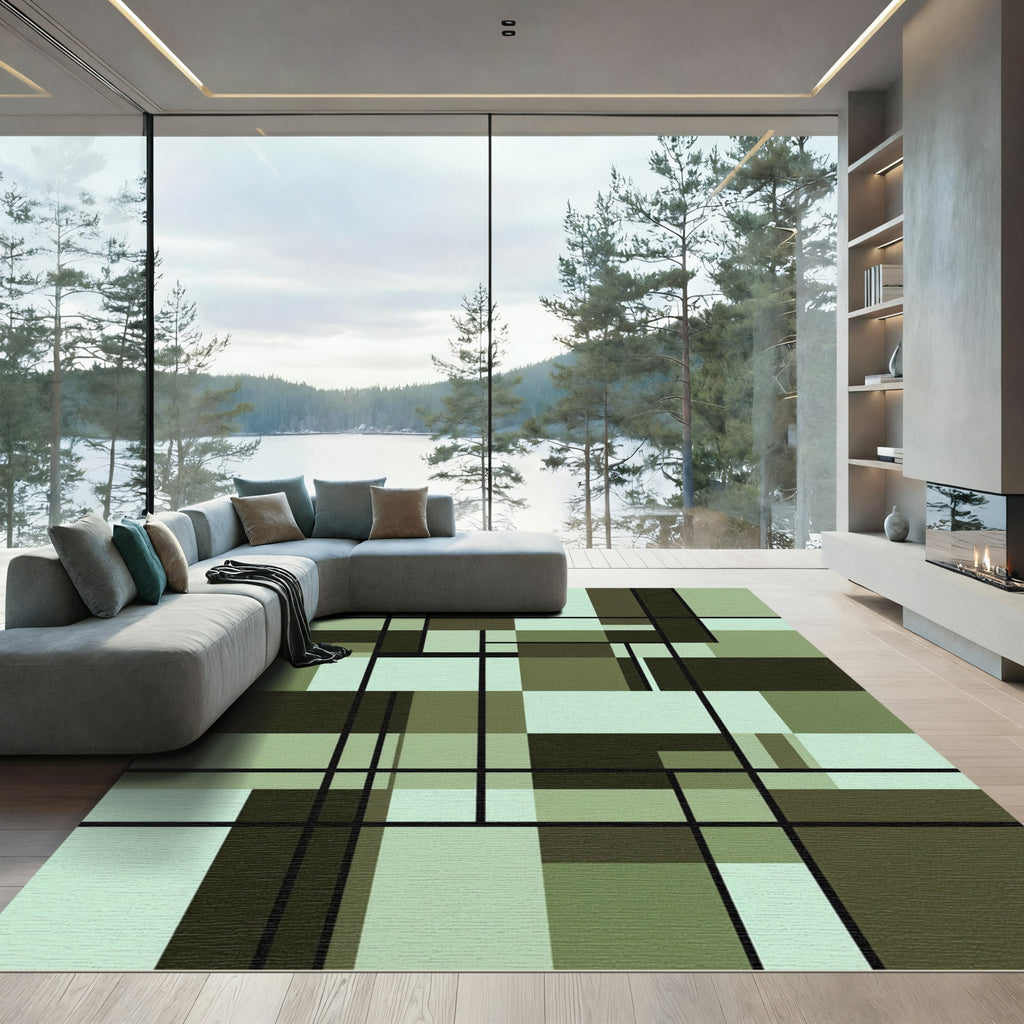 Modern Sage Green Geometric Grid Rug