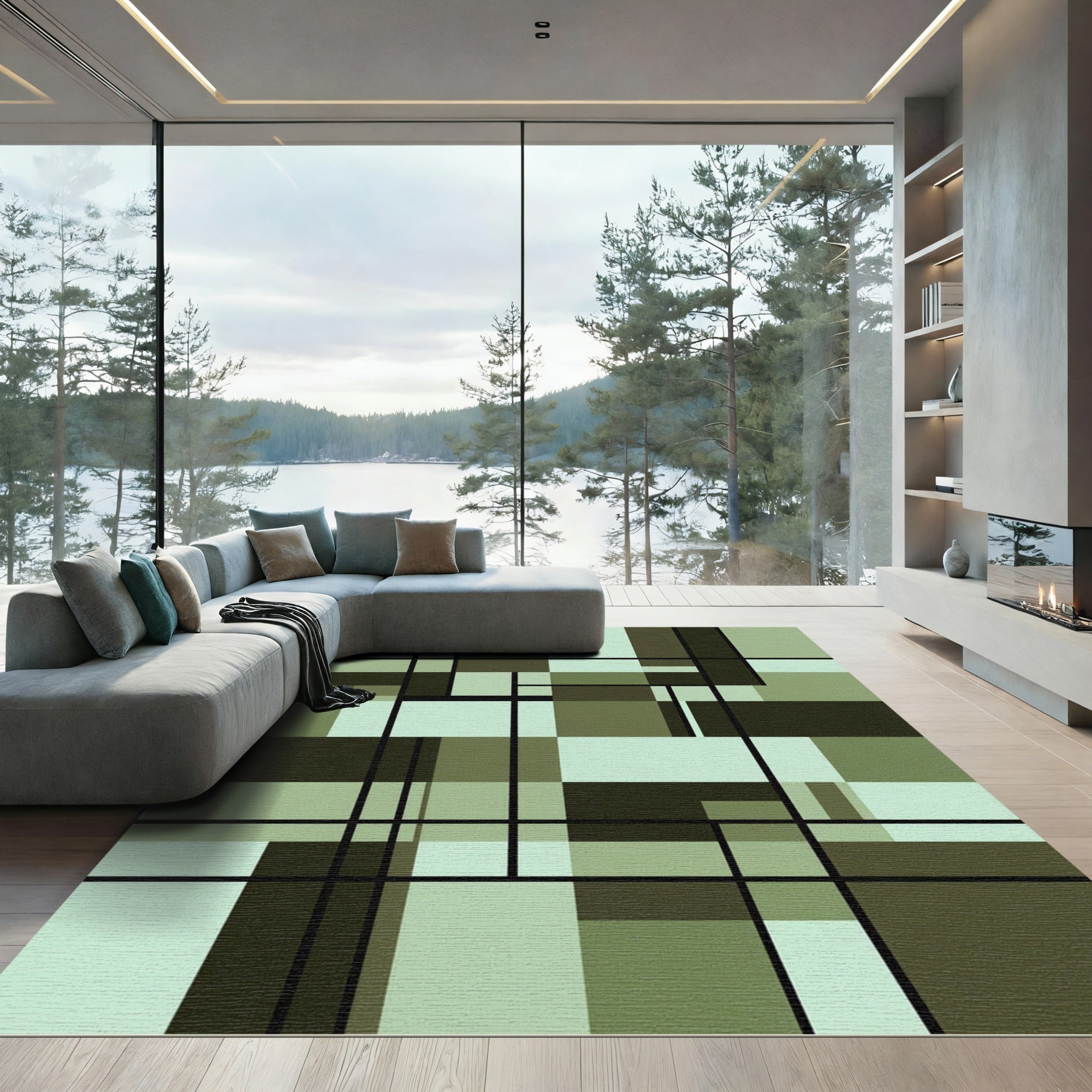 Modern Sage Green Geometric Grid Rug