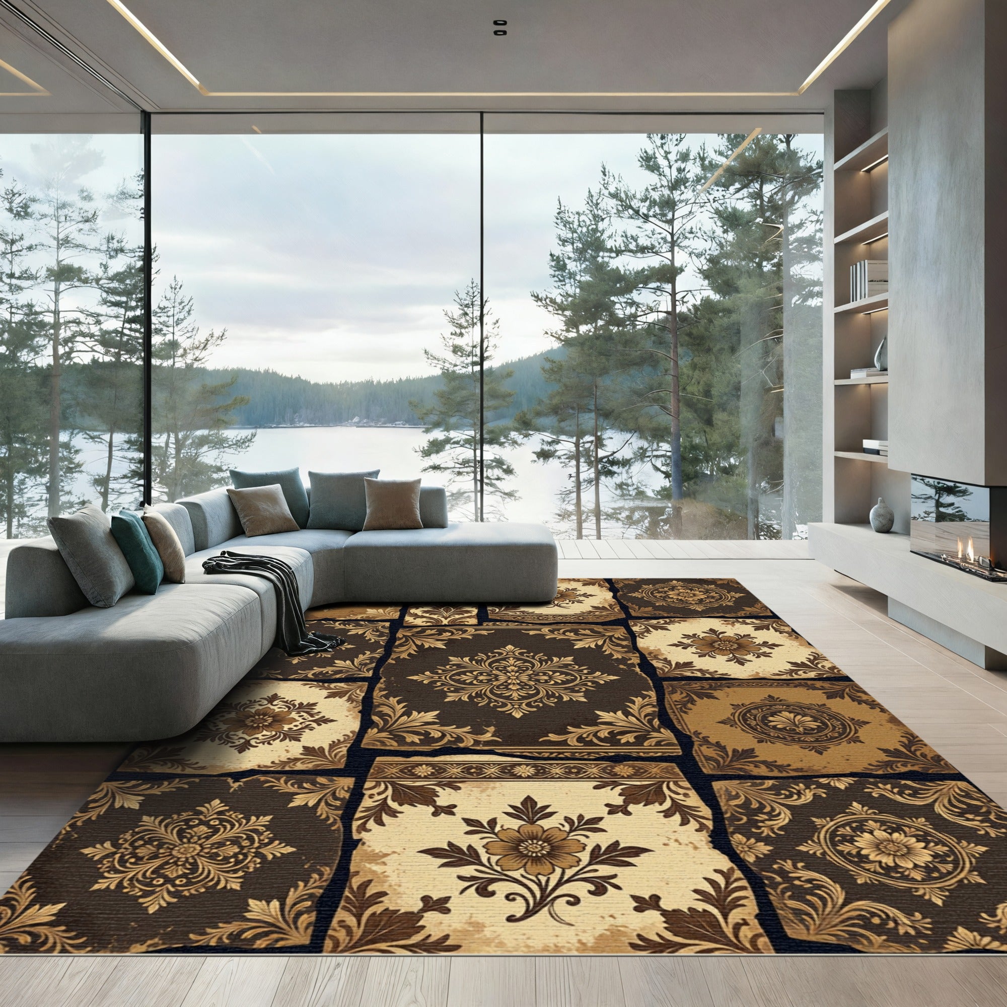 Vintage Brown Damask Floral Patchwork Rug