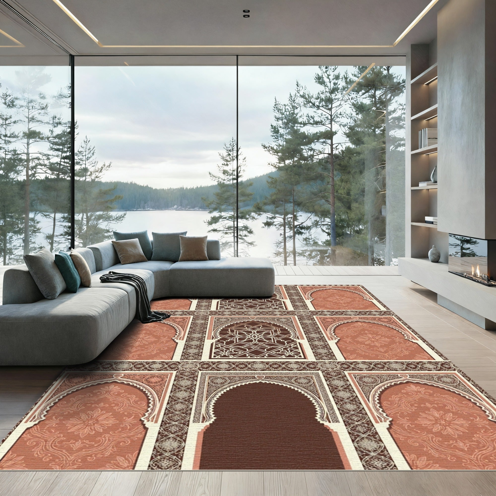 Terracotta Arched Lattice Floral Tapestry Rug