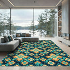 Teal Gold Geometric Diamond Floral Rug
