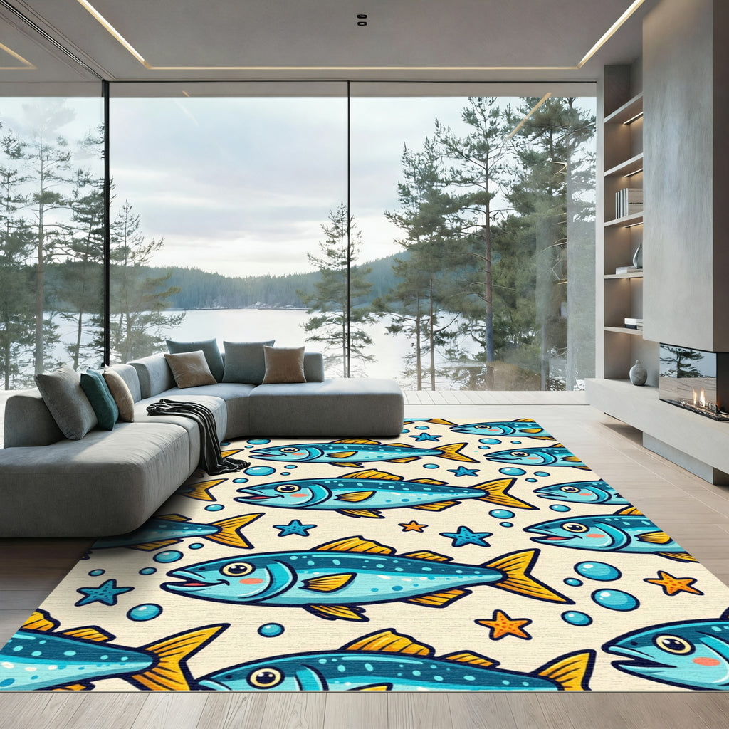 Playful Blue Fish and Starfish Rug