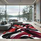 Bold Red and Black Abstract Swirl Rug