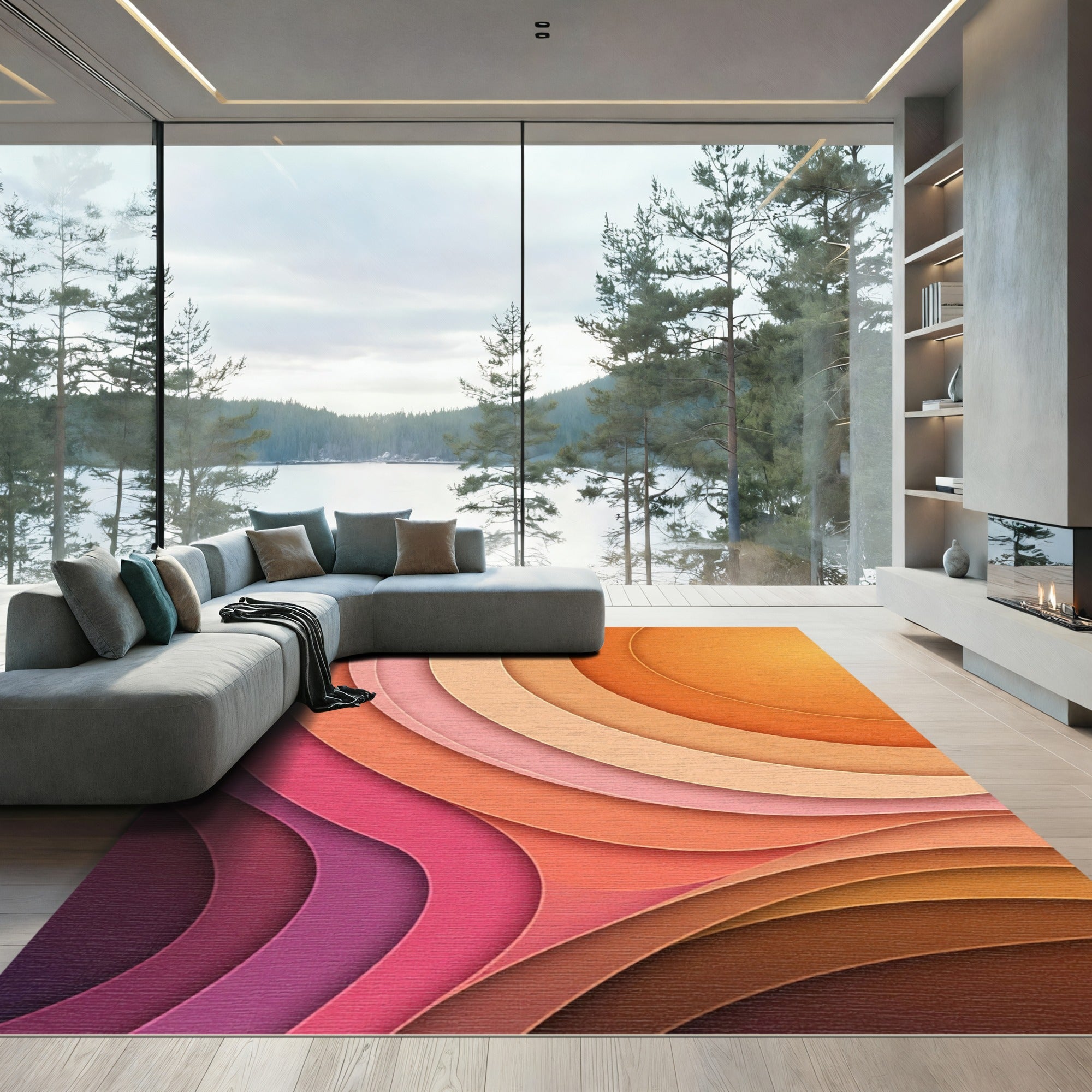 Abstract Sunset Gradient Curving Layers Rug