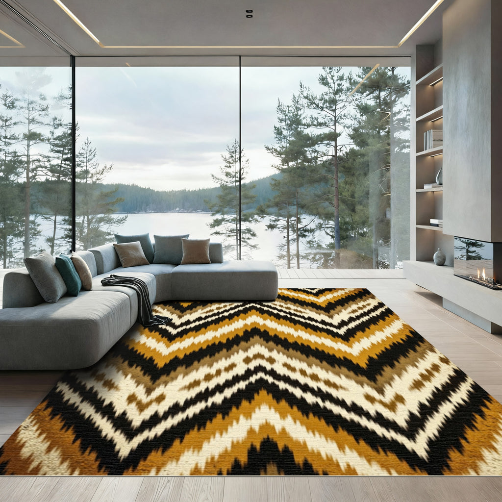 Earthy Ochre Chevron Ikat Geometric Rug