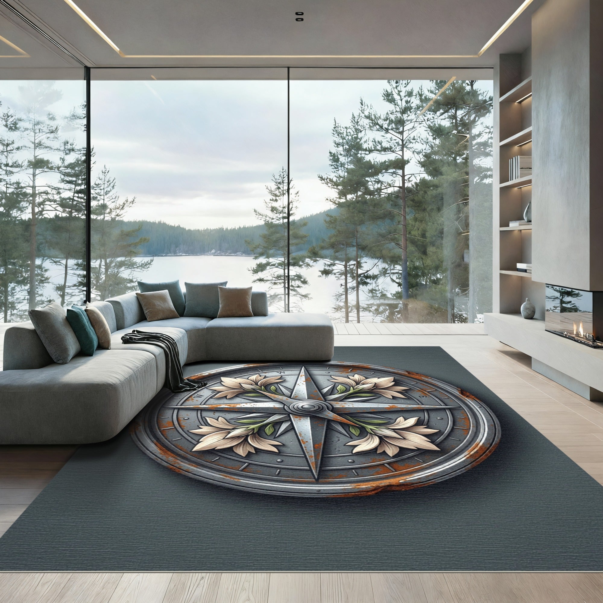 Floral Compass Steel Gray Iron Rug