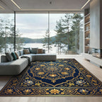 Royal Blue Gold Lotus Medallion Rug